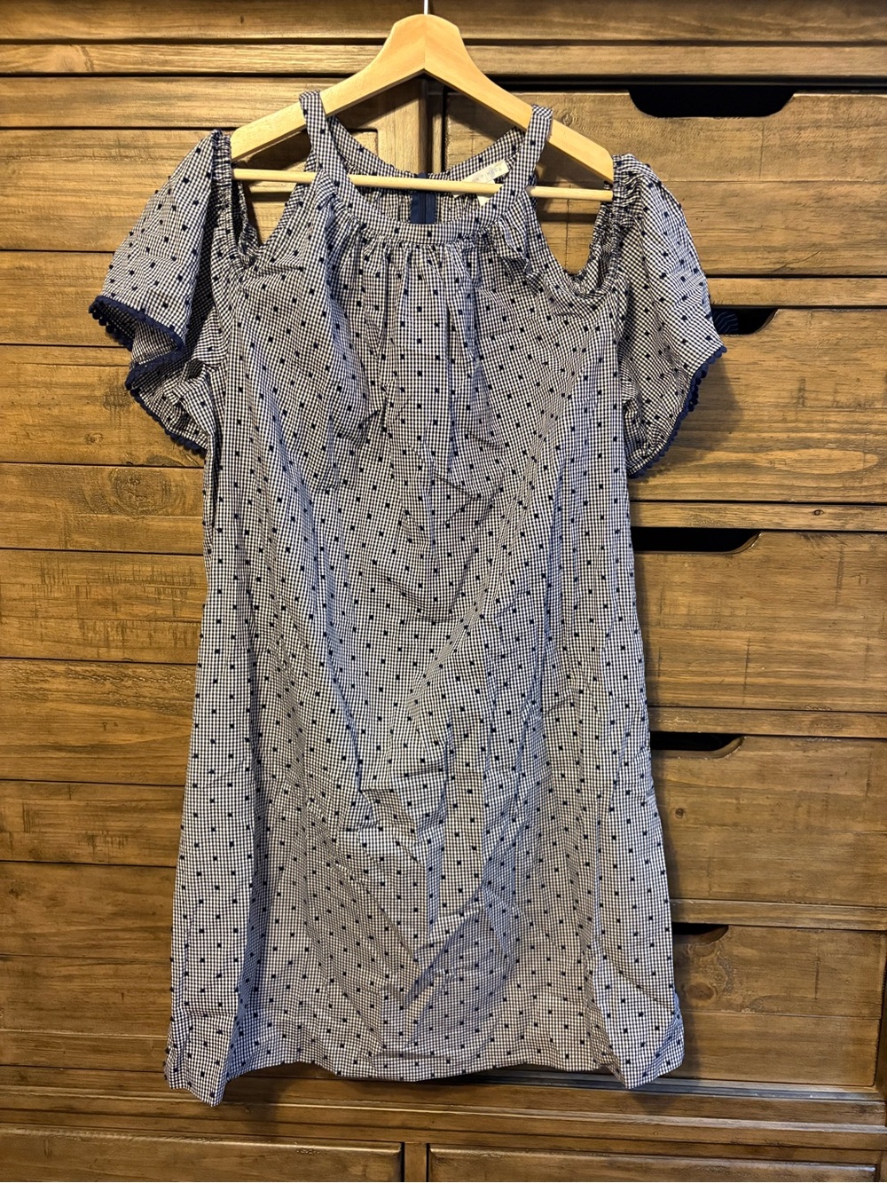 London Times Blue Gingham Cold Shoulder Dress Plus Size 16 Cotton Cottagecore - Picture 2 of 6